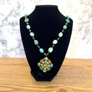 Vintage Liz Palacios S.F. Turquoise Bead & Amber Crystal Bead Necklace
